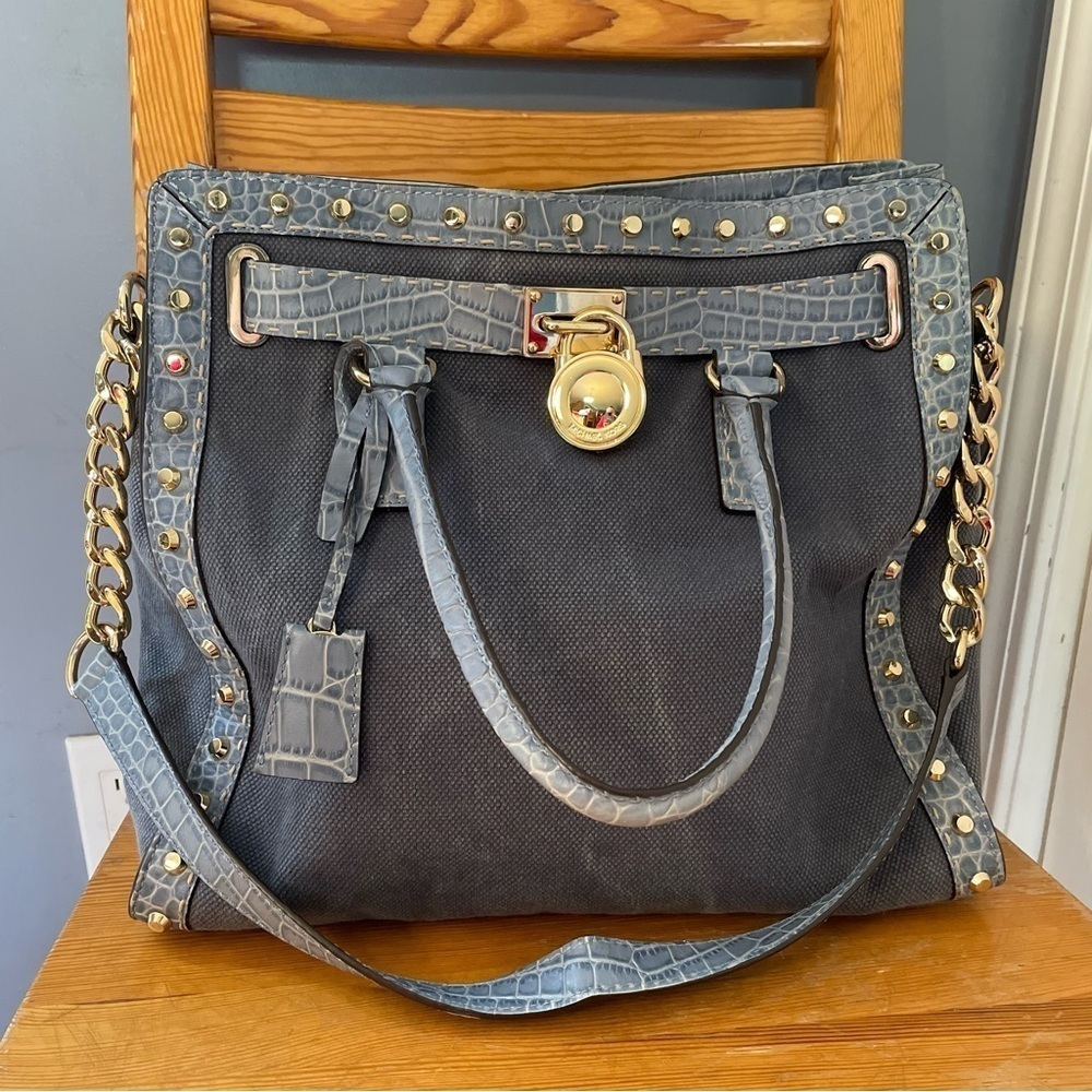 Michael Kors Hamilton Blue Denim Python Leather Handbag Purse